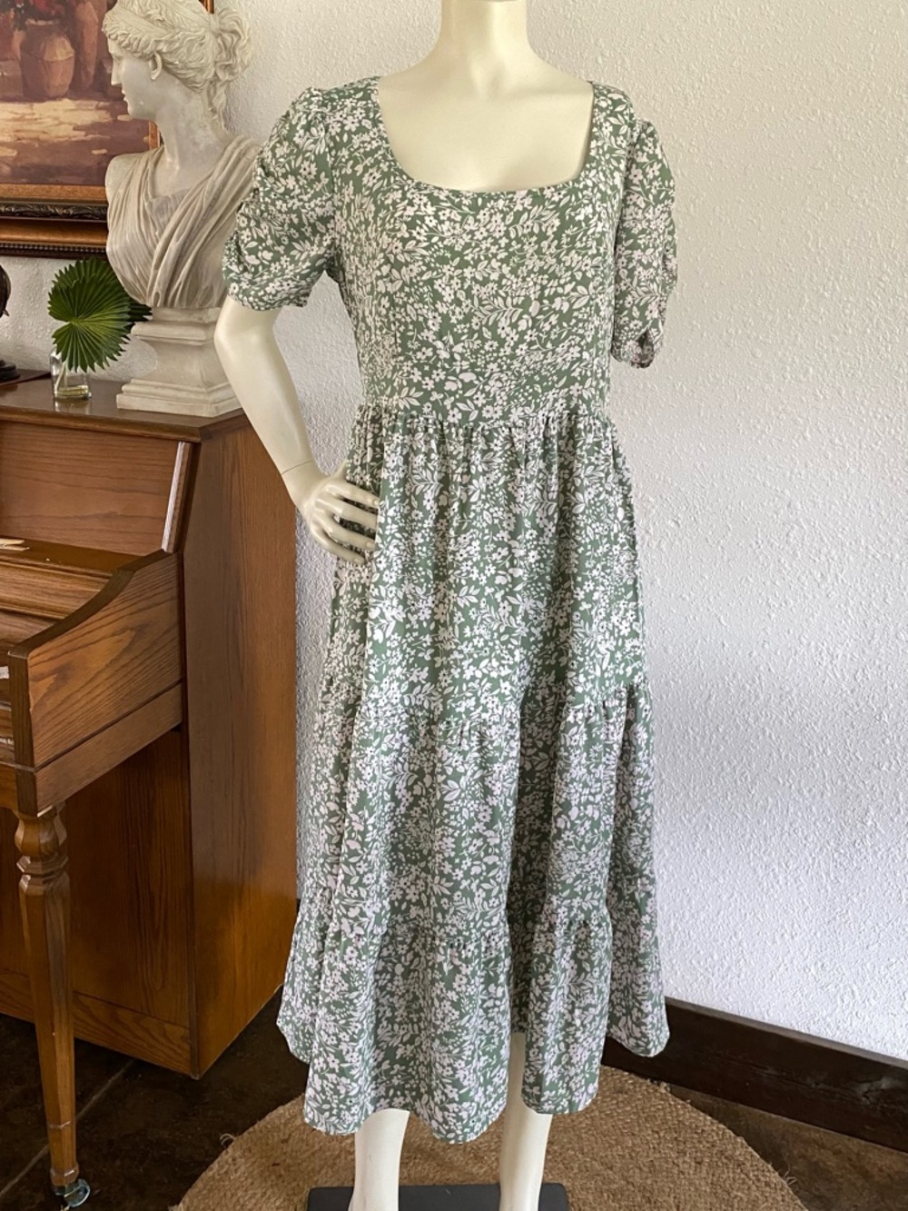Sage Green Floral Tiered Midi Dress